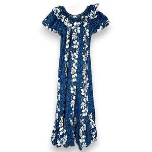 Vintage KY Hawaiian MuuMuu Dress Maxi Small Cotton Blue Floral Ruffle